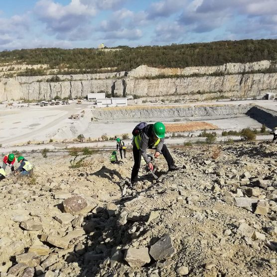 Menschen untersuchen Gestein in einem alten Tagebau während einer Geologischen Führung