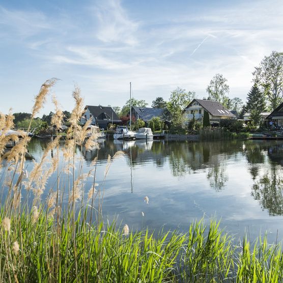 Blick vom Ufer auf den Scharmützelsee. Neben Einfamilienhäusern am sind auch Boote auf dem Wasser zu sehen.