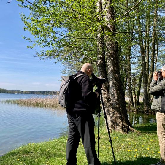 Kai Pagenkopf und Hermann Mattes vom Seenland Spöker Team beobachten Vögel am Scharmützelsee