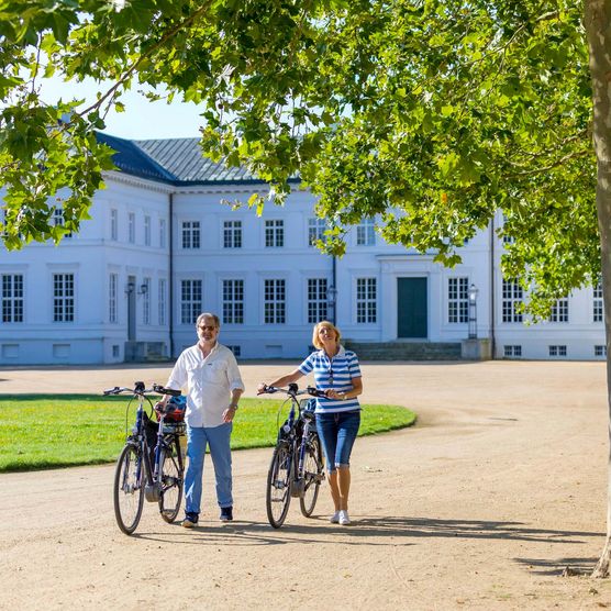 Radfahrer während einer Radtour beim Schloss Neuhardenberg im Oderbruch in Märkisch-Oderland