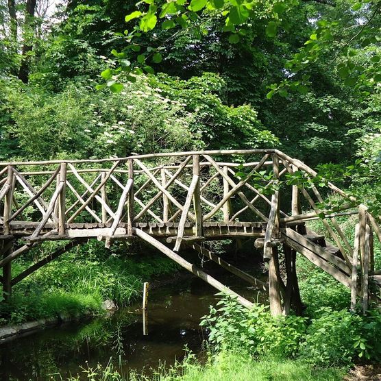 Eine hölzerne Brücke führt über einen idyllischen Fließ im kleinen Spreewald Park in der Gemeinde Schöneiche bei Berlin