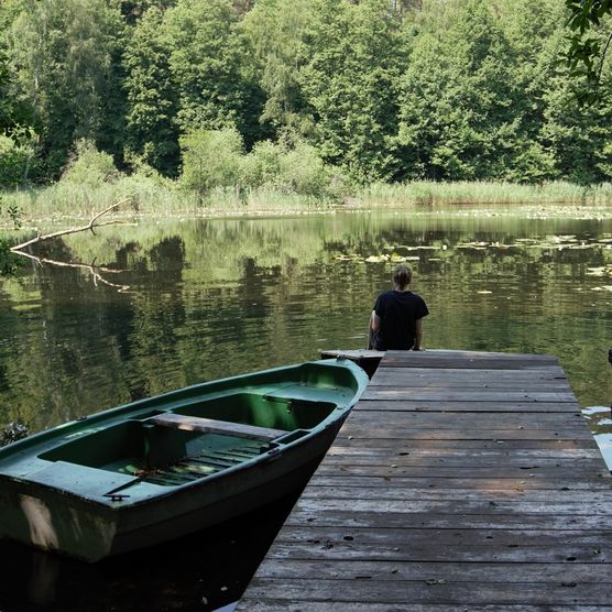 Ein Steg führt auf einen See, links vom Steg ist ein Ruderboot festgemacht.