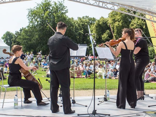 Musiker auf der Bühne, Konzert draußen 