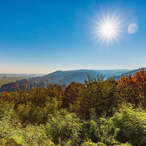 weiter Ausblick von der Carlsburg in Bad Freienwalde auf Wälder und Hügel