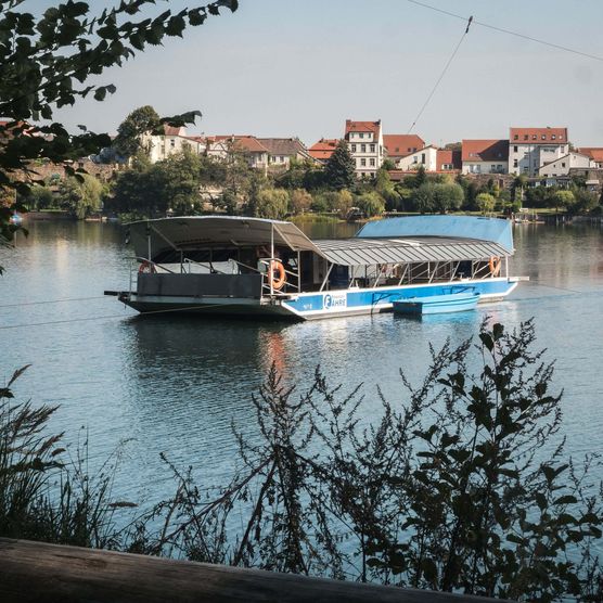 Blich auf die Fähre und den Straussee 