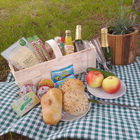 Picknickinhalt auf einer Picknickdecke 